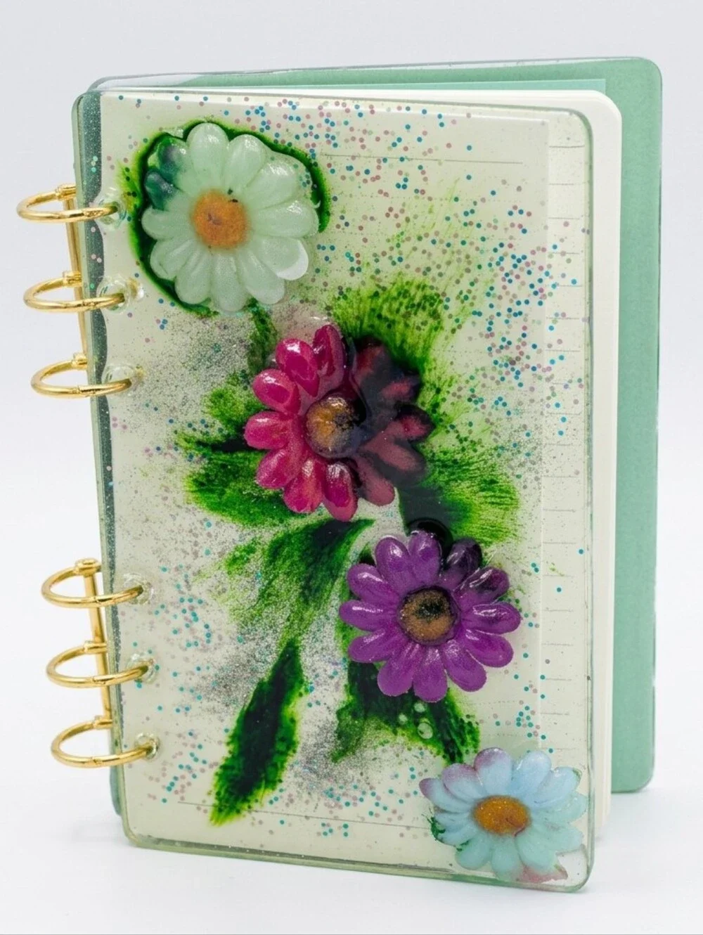 Handcrafted Floral Resin Hardcover Spiral Notebook - Green